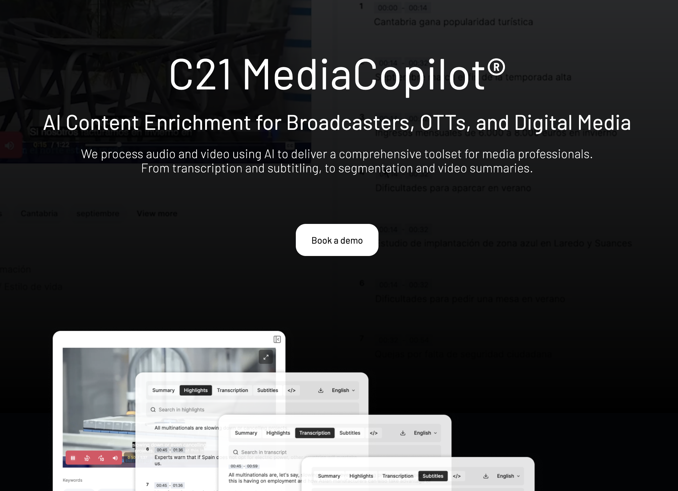 A screenshot of the landing page. C21 MediaCopilot. AI Content Enrichment for Broadcasters, OTTs, and Digital Media.