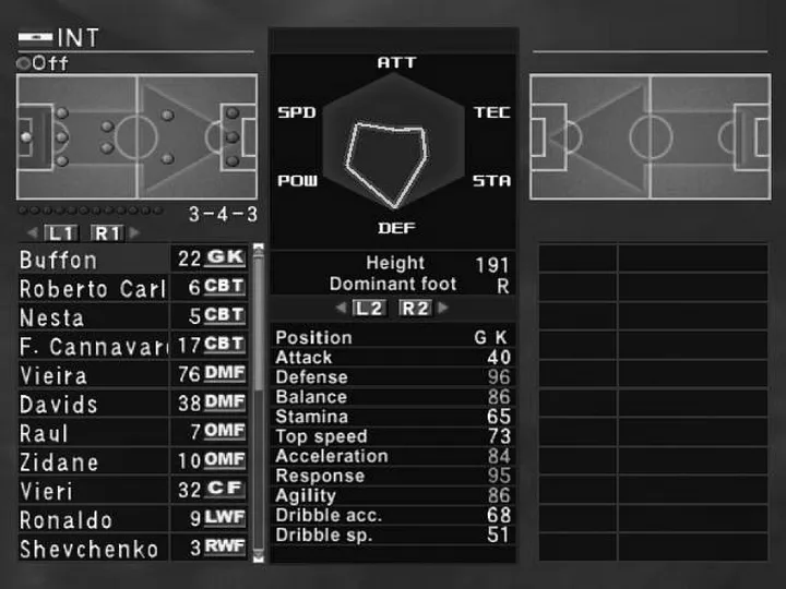 The player's stats summary screen in Pro Evolution Soccer 3
